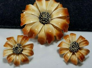 Vintage Gold Tan Brown Metal Enamel Flower Brooch Pin And Earring Set