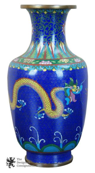 Antique Chinese Five Toed Dragon Cloisonne Enamel Vase Cobalt Blue Floral 9 "