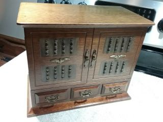 Vintage Wood Jewelry Box With 9 Drawers & 2 Doors