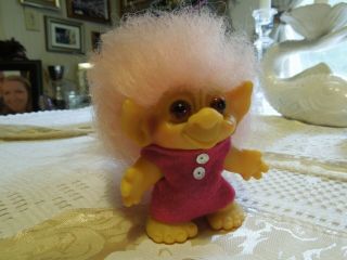 Vintage Troll Doll W Tail 1965 3 " Pink Hair Amber Eyes Dam Things Rare