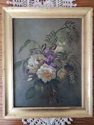 Antique Victorian Oil Painting Yellow Roses Bamboo Branches Lilacs 17.  5 " ×21.  75 "
