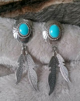 Vintage Rh Sterling 2.  5 Inch Blue Turquoise Navajo Feather Earrings 820g