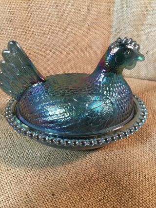 Vintage Iridescent Blue Green Hen On Nest Carnival Glass Condiment Or Candy Dish