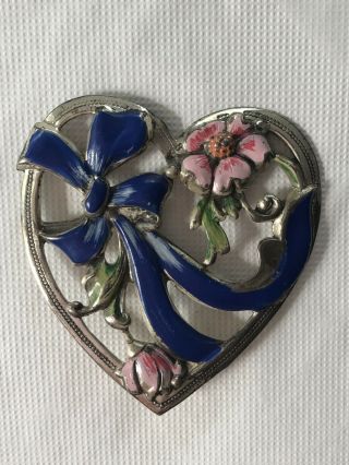 Vintage 1940’s Coro Sterling Silver & Enamel Heart Flower Pin Brooch