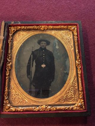 Antique Tintype Photo Civil War Union Officer (?) Soldier with Rifle 2