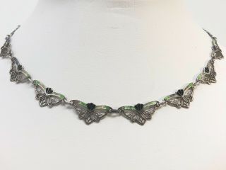 Vtg Estate Art Deco Sterling Silver Filigree Enamel Necklace Butterfly Pattern