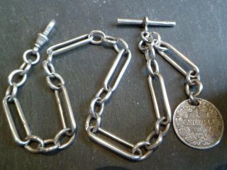 Rare Victorian 1892 Heavy Solid Silver Albert Pocket Watch Chain & Coin Fob