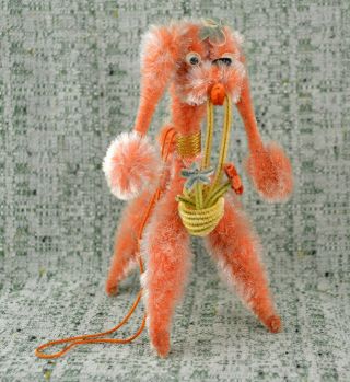 Vtg 1950s 60s Bump Chenille Pipe Cleaner Poodle Dog Ornament Coral / Pink Japan