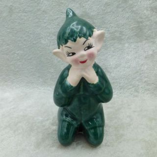 Vintage Gilner Pixie Elf Figurine Dark Green Hands Under Chin California Pottery