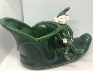 Vtg Green Christmas Pixie Elf Ceramic Boot Figurine Planter - Treasure Craft