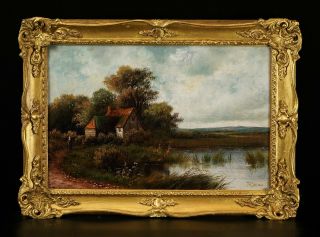 J.  F.  Cole (1876) | Cottage By A Pond | Signed Antique Landscape Oil Painting