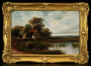 J.  F.  Cole (1876) | Cottage by a Pond | Signed Antique Landscape Oil Painting 2