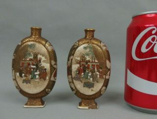 Pair Antique Small Japanese Satsuma Bottle Vases W Figures Signed 19th C.
