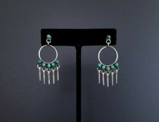 Vtg 925 Sterling Silver Southwest Circle Turquoise Fringe Dangle Earrings,  1.  75 "