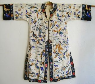 Fine Old Chinese White Embroidered Silk Forbidden Stitch Imperial Court Robe