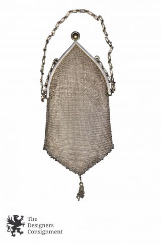 Antique Art Nouveau Sterling Silver Chainmail Mesh Evening Bag Purse Clutch