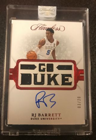 Rj Barrett 2019 Panini Flawless Rookie Patch Auto /20 Duke Blue Devils Knicks