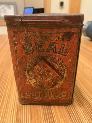 Old Vintage Pattersons Seal Cut Plug Chewing Smoking Tobacco Tin Can Decor