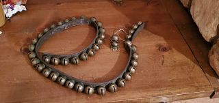 47 Antique Old Vintage Horse Sleigh Bells On Leather Belt Strap Approx 47 " Long