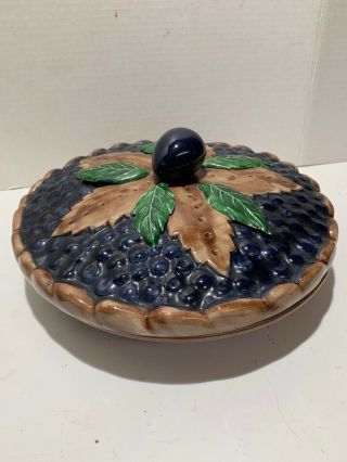 Vintage Pottery.  High Glaze Covered Pie Safe,  Plate,  Server.  Blueberry.  10 "