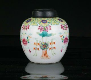 Antique Chinese Famille Rose Porcelain Lotus Vase Ginger Jar & Wooden Lid 19th C