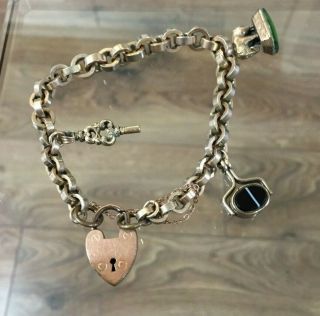 Antique Victorian Rolled Gold Charm Bracelet,  Three 9ct Gold Charms Seal Key
