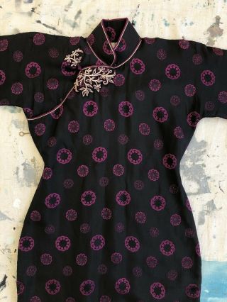 Vintage 1920s 30s Black & Purple Silk Damask Cheongsam Qipao Pankou Closure Vtg