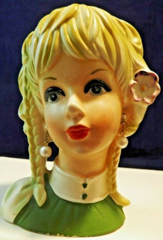 Vintage Rubens Ceramic 5 " Lady Head Vase Japan 4135 - Blonde " Pearl " Earrings