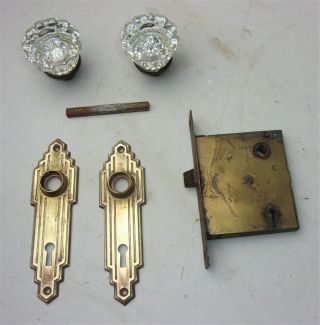 Antique Hardware Set 12 Points Glass Door Knobs Art Deco Backplate Mortise Lock