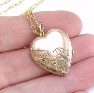 Antique / Vintage Rose Rolled Gold Engraved Heart Locket & Fancy Chain