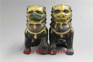 A Pair Old Antiques Chinese Copper Fu Foo Dog Guardian Lion Statue
