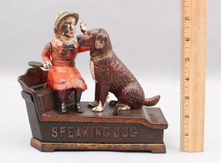 Painted 1885 Antique Cast Iron Speaking Dog Mechanical Bank W/ Key,