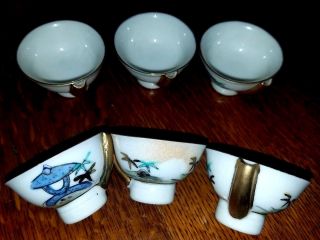Vintage Japanese Whistling Sake Cups Hand Painted Landscape (6)
