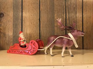 Vintage Celluloid Santa Claus In Sleigh With Reindeer - Japan - 13 Inches