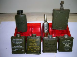 7 Vintage Military Tin Oil / Cleaner Cans & Assorted Cleaning Tools And Brushes