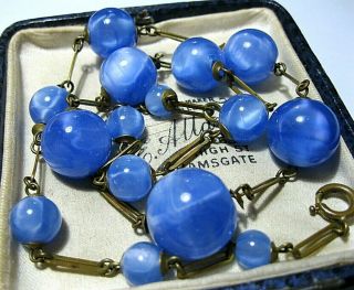 Vintage Jewellery Antique Art Deco Moon Glow Blue Venetian Glass Bead Necklace