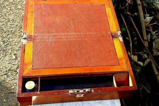 Antique Mahogany Writing Slope With Screw Top Inkwell& Leather Writing Surface