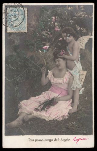 Set Of 4 Vintage Photo Postcard 1900s Cupid Angel Lady Love Romance