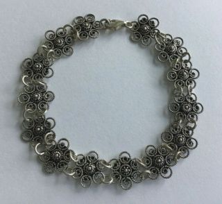 Vintage 925 Sterling Silver Filigree Figural Flower Panel Link Bracelet 7 1/2 "