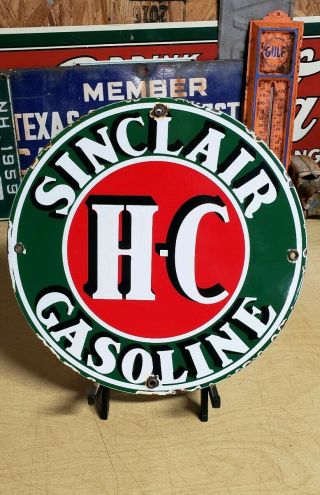 Sinclair H - C Gasoline Porcelain Sign Gas Pump Plate Vintage Opaline Dino Oil