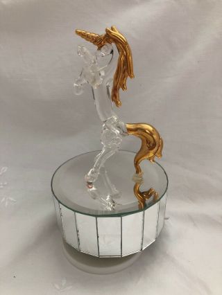 Vintage Blown Glass Unicorn On Mirror Musical Base Taiwan
