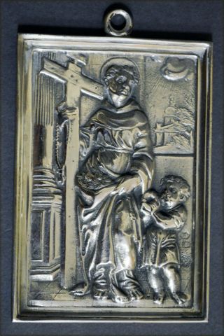 Rare Spanish Solid Silver Religious Plaque Saint With Child And Flowers