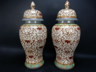 Large Hand Painted Chinese Crackle Glazed Celadon Ginger Jars.  24.  5 "