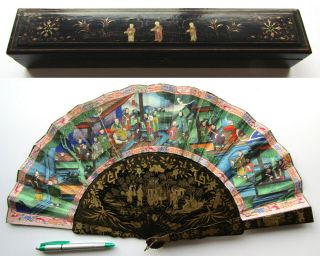 Antique Chinese 1000 Faces Lacquer Export Fan Eventail 清朝 智親王 Qing Ca 1835 W Box