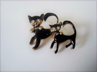 Vintage Black Cat And Kitten Pin Brooch With Rhinestone Eyes