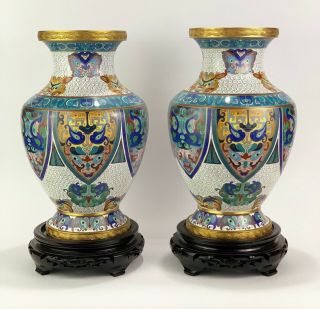 Vintage Chinese Cloisonne Vases 12 " Iob Wooden Stands
