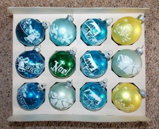 Box 12 Vtg Shiny Brite Merry Xmas Stencil Mercury Glass Ball Ornaments 2 1/4 "