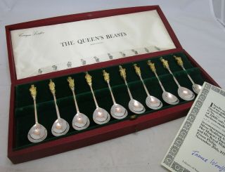 Set 12 Elizabeth Ii Sterling Silver Queens Beasts Spoons,  337 Grams