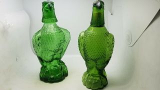 Emerald Green Glass Eagle Decanter Vintage Set Of 2 Eagles Shot Glass Head