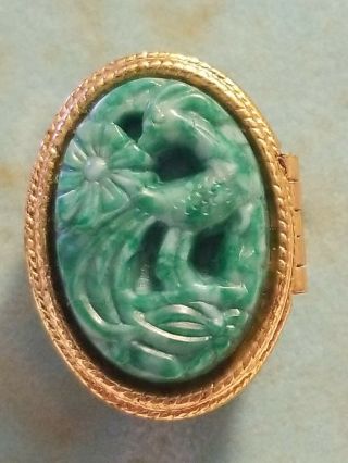 Vintage Avon Carved Faux Jade Bird Of Paradise Locket Ring